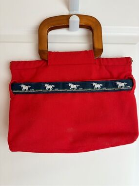 Vintage Red Clutch with Acrylic Top Handle and Horse ribbon